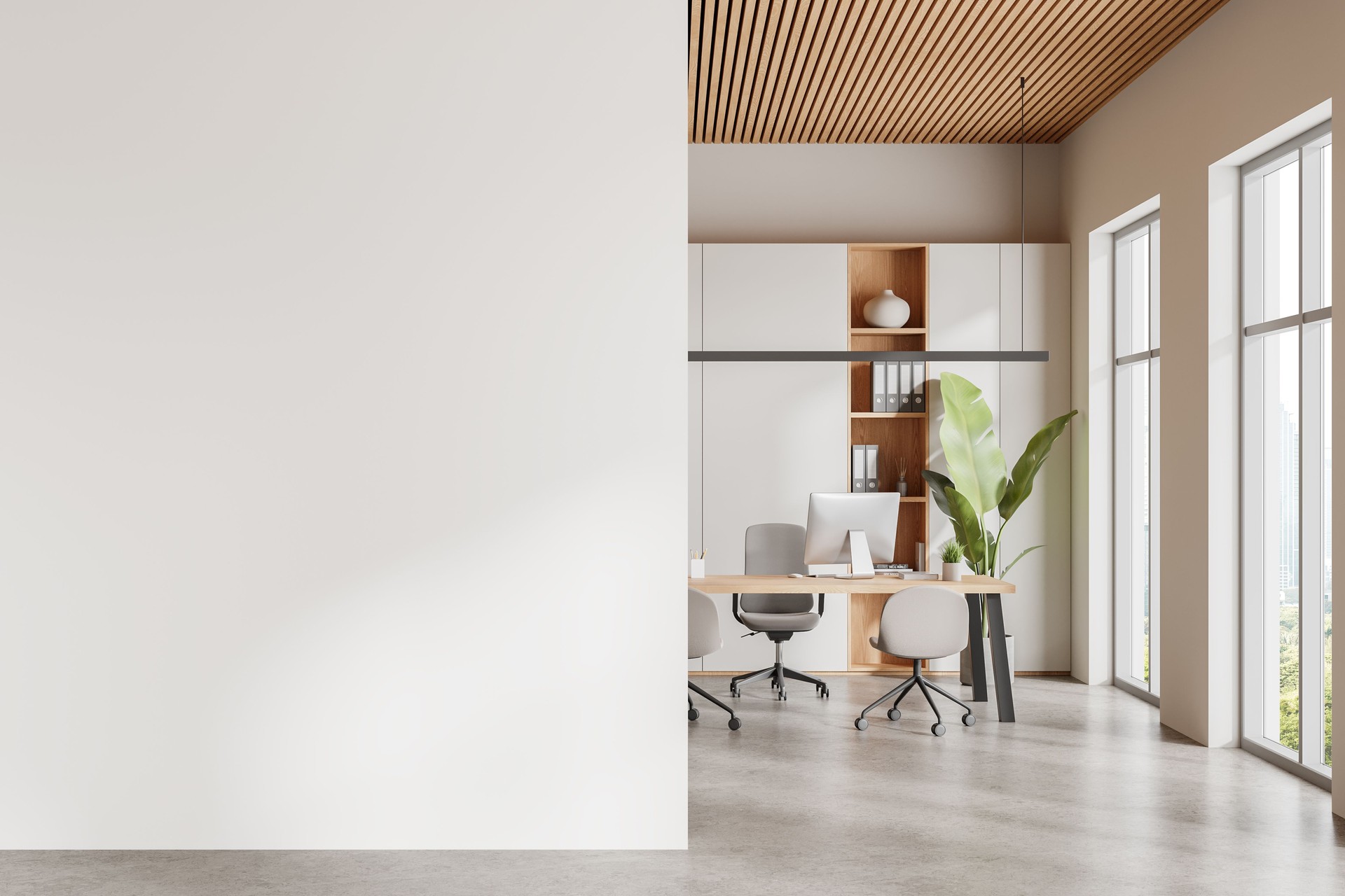 White open space office corner with white wall